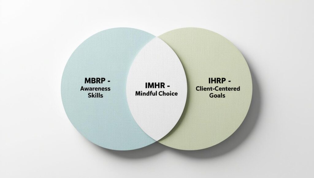 Clean, modern diagram in a flat design style_ two subtly textured, overlapping circles, one light blue labeled _MBRP - Awareness Skills_ with a sans-serif font, the other gentle green labeled _IHRP - Client-Centere